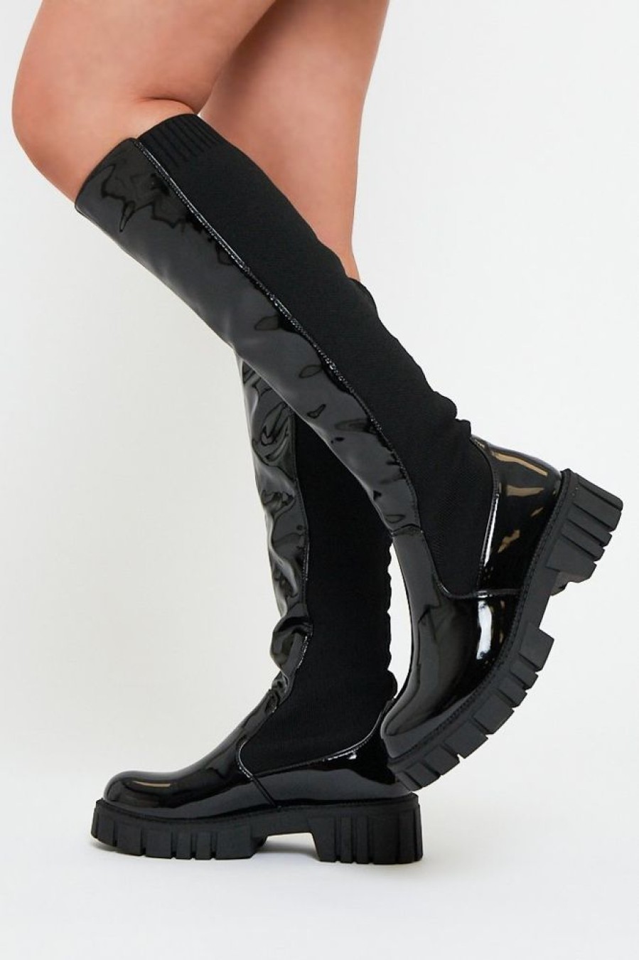 Shoes Rebellious Fashion | Black Pu Patent Faux Leather Knee High Boots - Lain