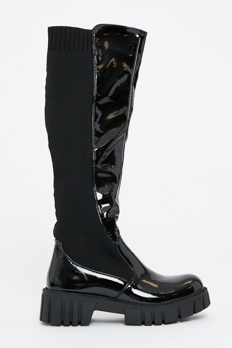 Shoes Rebellious Fashion | Black Pu Patent Faux Leather Knee High Boots - Lain