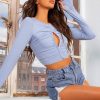 Clothing Rebellious Fashion | Blue Ruched Centre Front Fastening Crop Top - Cambrea