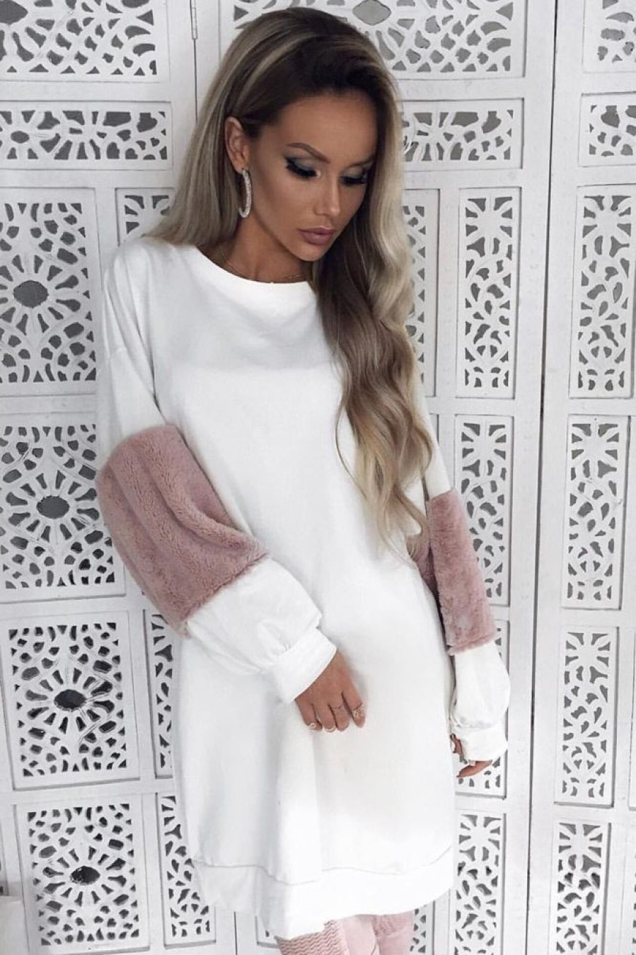 Clothing Rebellious Fashion | Cream Jumper Dress With Fur Sleeves - Paris