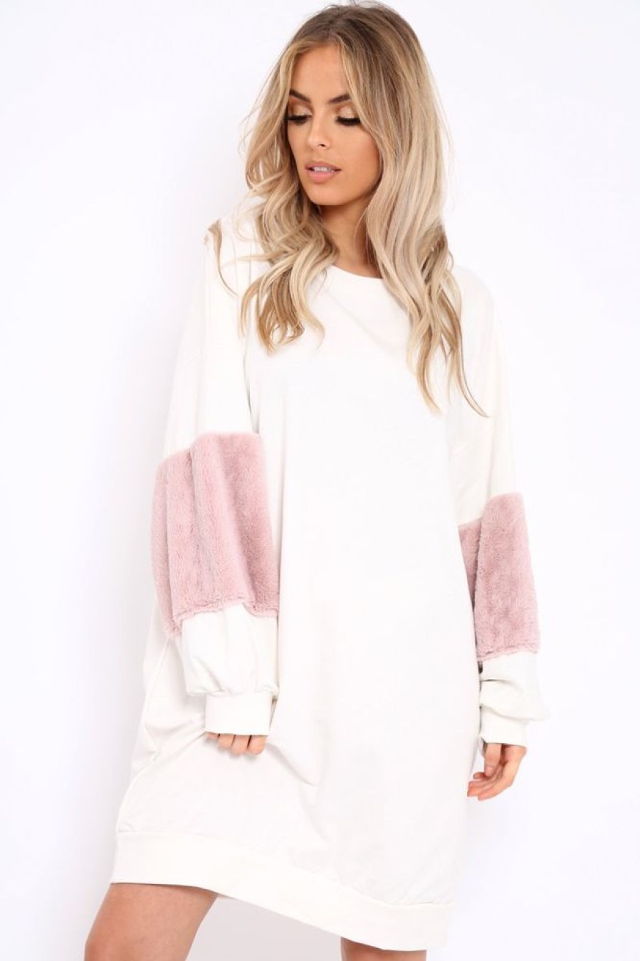 Clothing Rebellious Fashion | Cream Jumper Dress With Fur Sleeves - Paris