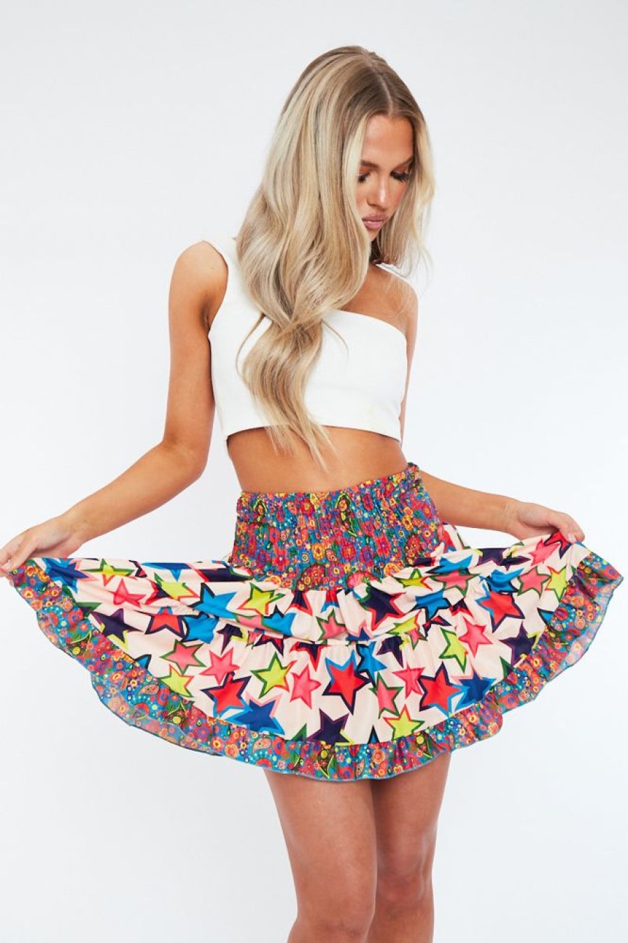 Clothing Rebellious Fashion | Blue Abstract Print Shirred Boho Mini Skirt - Lottie