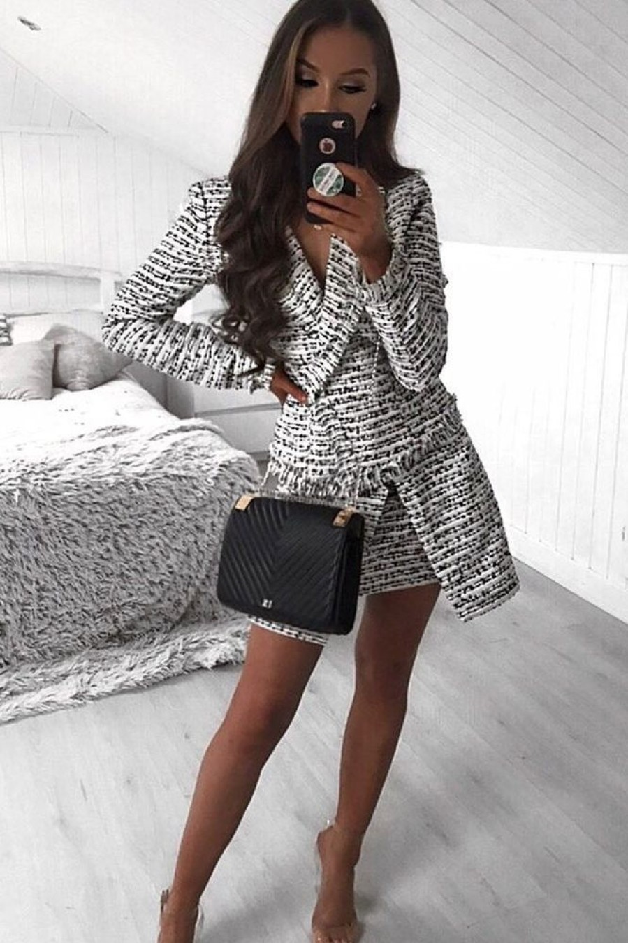 Clothing Rebellious Fashion | Black And White Tweed Blazer And Skirt Co-Ord - Carah