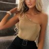 Clothing Rebellious Fashion | Camel Ribbed Double Strap One Shoulder Bodysuit - Lavia