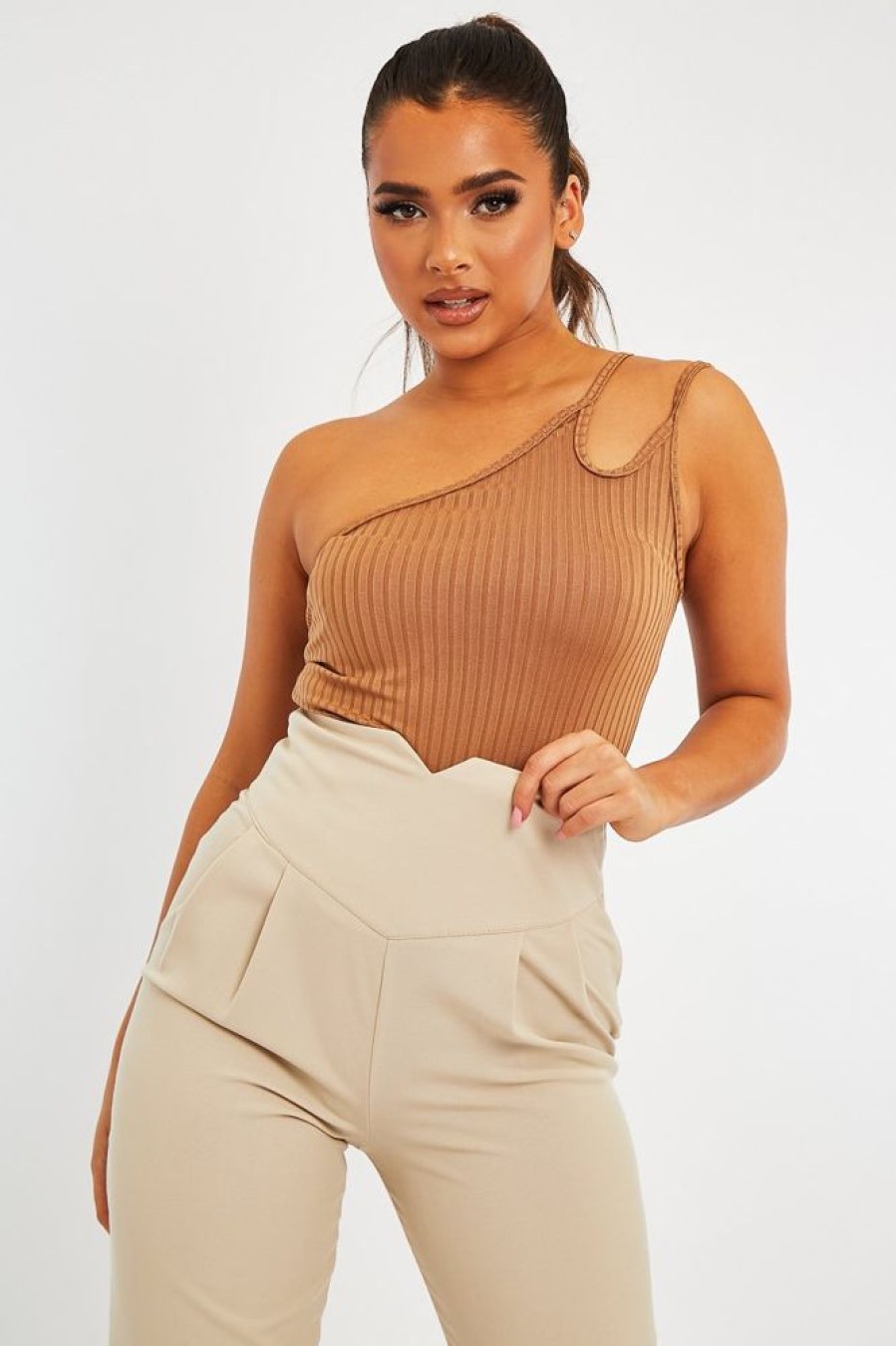 Clothing Rebellious Fashion | Camel Ribbed Double Strap One Shoulder Bodysuit - Lavia