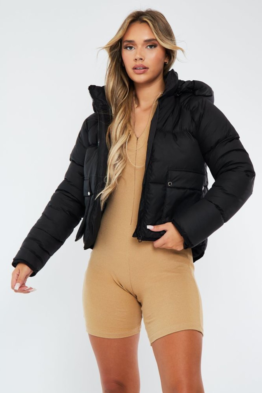 Clothing Rebellious Fashion | Black Dropped Hem Front Pocket Puffer Jacket - Amelia