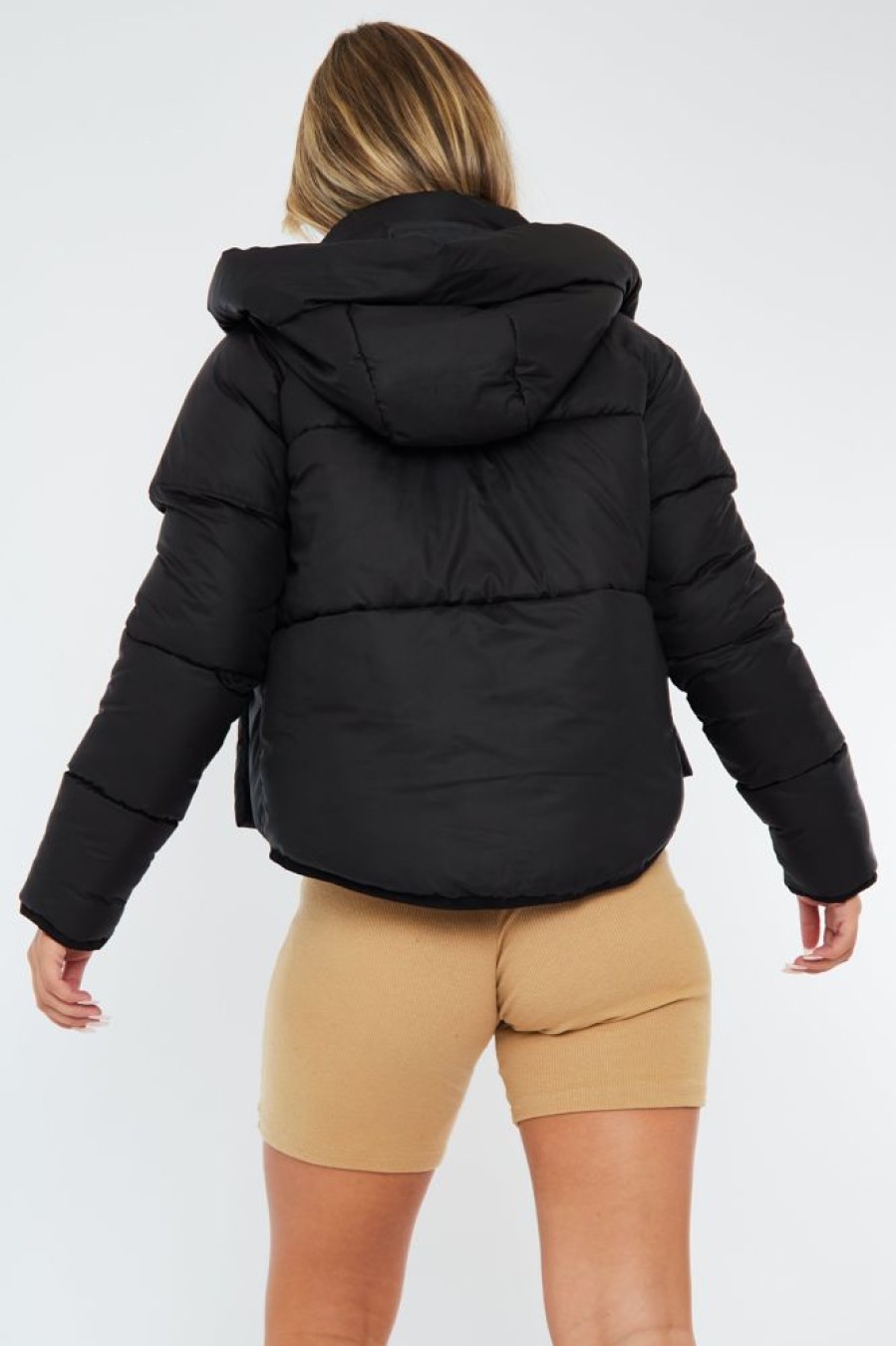 Clothing Rebellious Fashion | Black Dropped Hem Front Pocket Puffer Jacket - Amelia