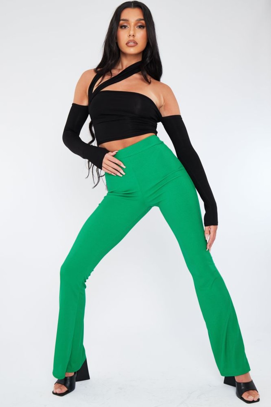 Clothing Rebellious Fashion | Green Ribbed Flare Trousers - Jori