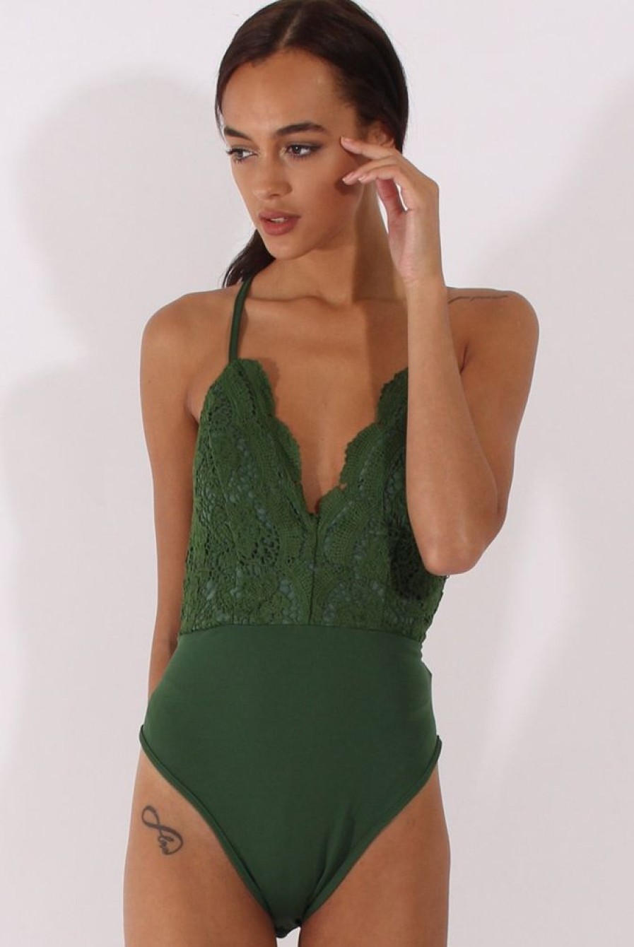 Clothing Rebellious Fashion | Khaki Crochet Cross Back Bodysuit - Crecia