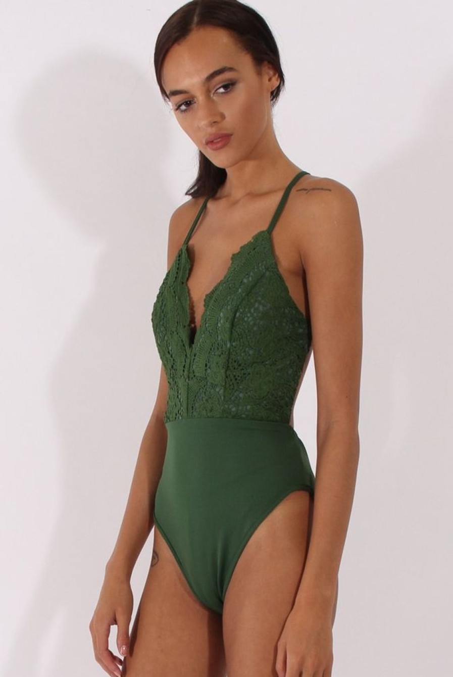 Clothing Rebellious Fashion | Khaki Crochet Cross Back Bodysuit - Crecia