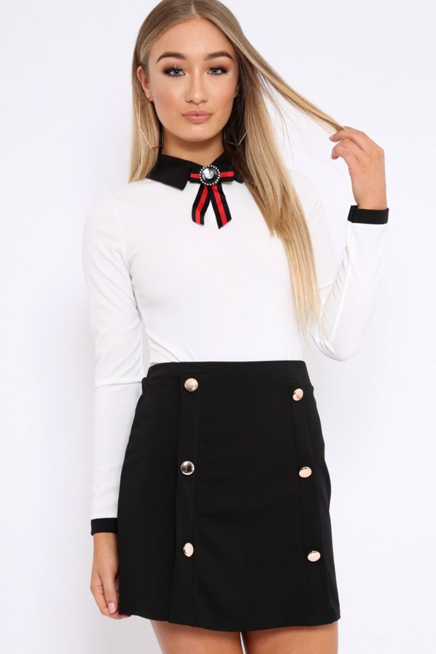 Clothing Rebellious Fashion | White Long Sleeved Striped Bow Bodysuit - Lashay