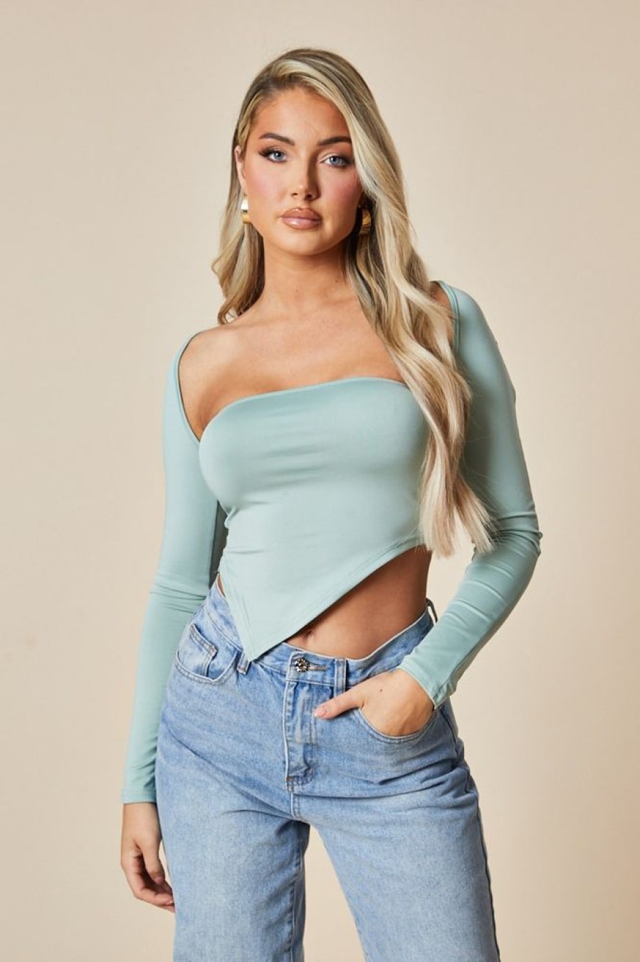 Clothing Rebellious Fashion | Sage Asymmetric Cut Out Back Cropped Top - Koko