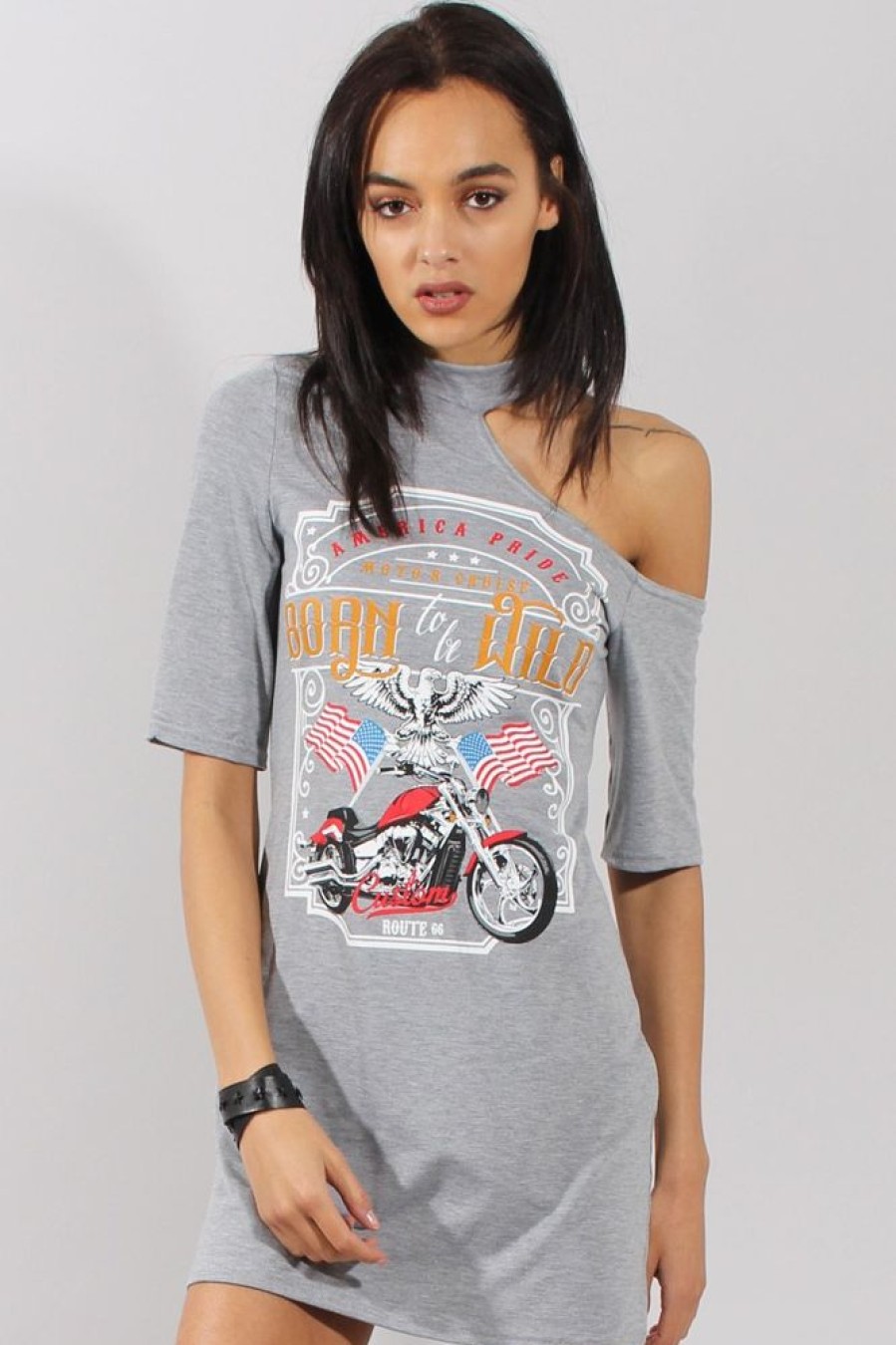 Clothing Rebellious Fashion | Grey Born To Be Wild Cut Out Shoulder T-Shirt Dress - Lorelei