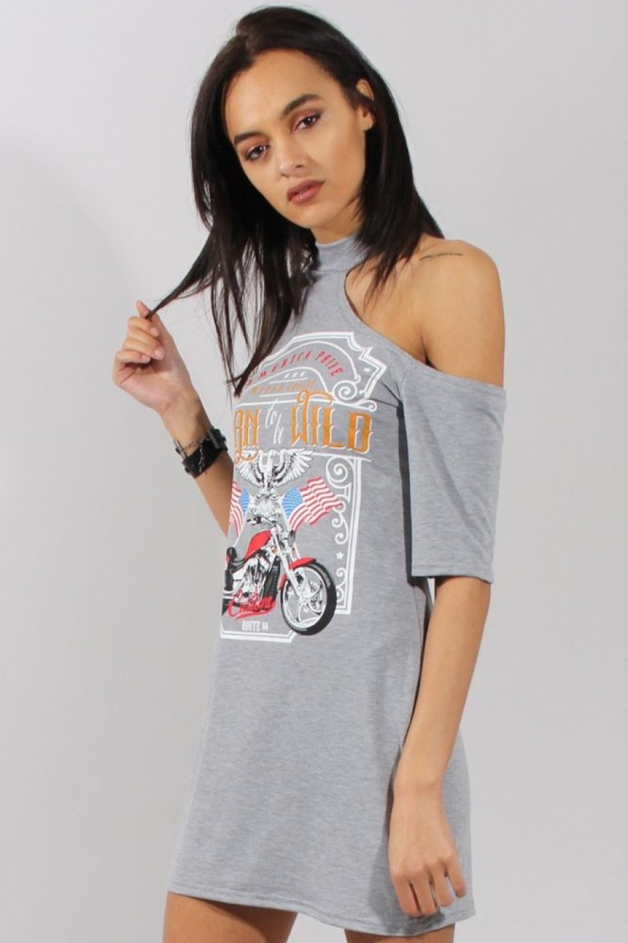 Clothing Rebellious Fashion | Grey Born To Be Wild Cut Out Shoulder T-Shirt Dress - Lorelei