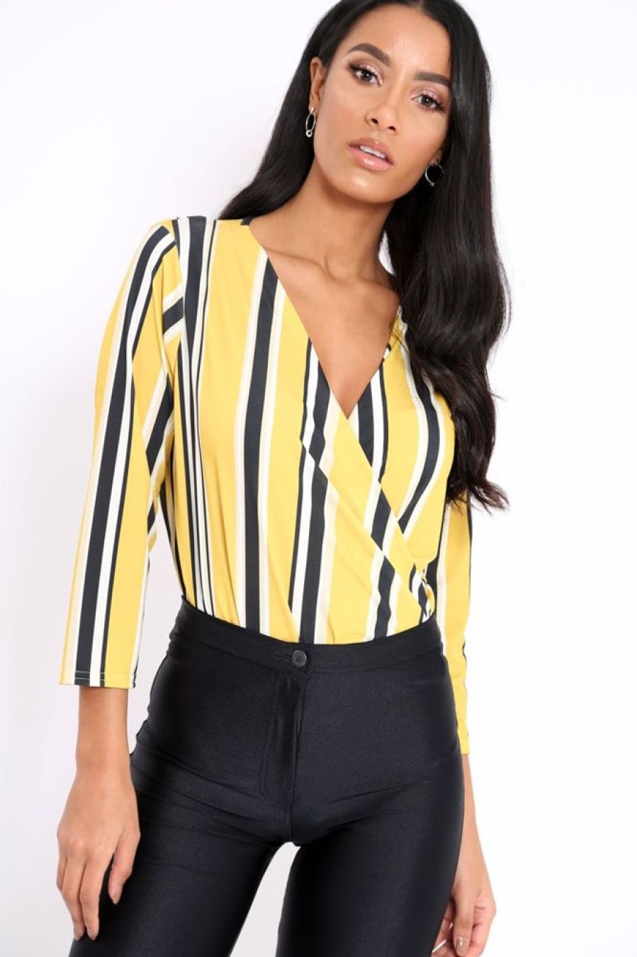 Clothing Rebellious Fashion | Mustard Striped Wrap Front Plunge Bodysuit - Edie