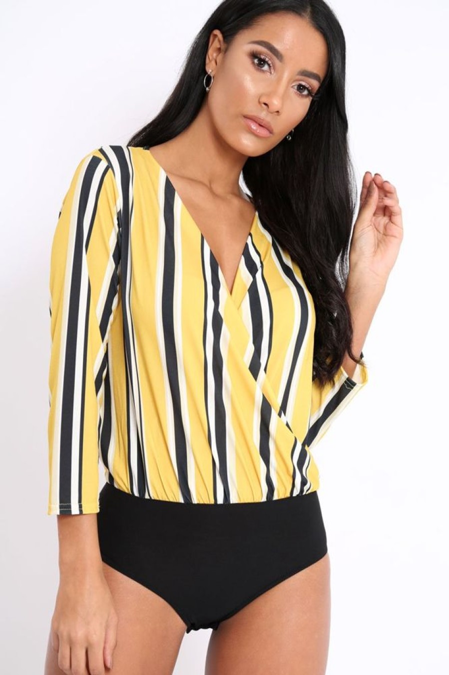 Clothing Rebellious Fashion | Mustard Striped Wrap Front Plunge Bodysuit - Edie