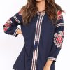 Clothing Rebellious Fashion | Navy Embroidered Shirt Dress - Nikki