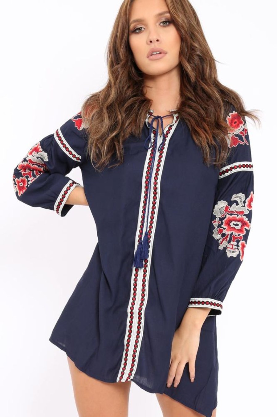 Clothing Rebellious Fashion | Navy Embroidered Shirt Dress - Nikki