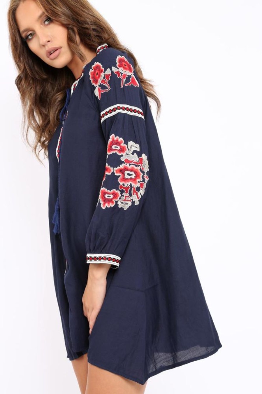 Clothing Rebellious Fashion | Navy Embroidered Shirt Dress - Nikki