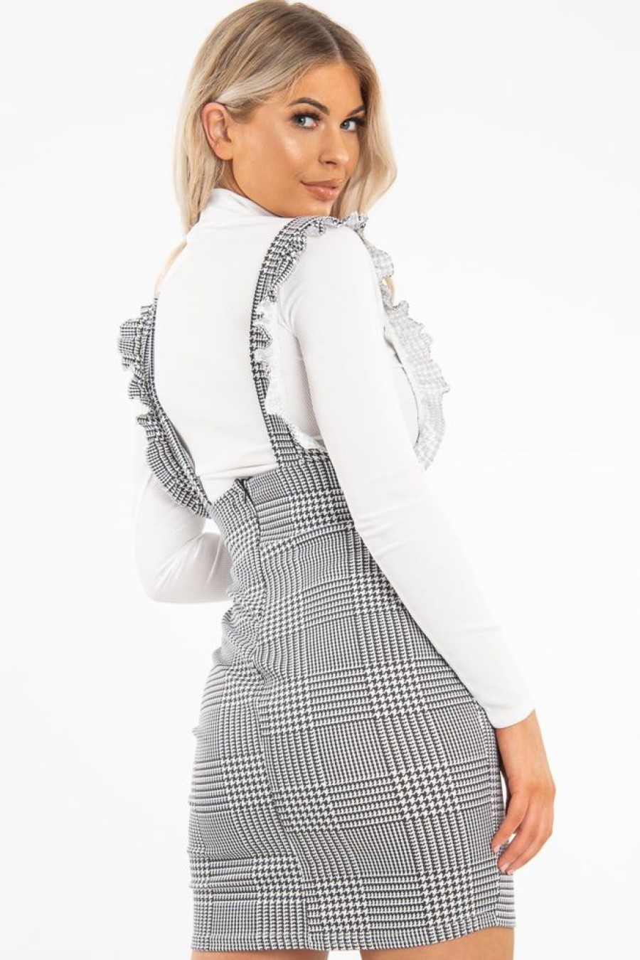 Clothing Rebellious Fashion | Black White Houndstooth Crepe Ruffle Dress - Maisy