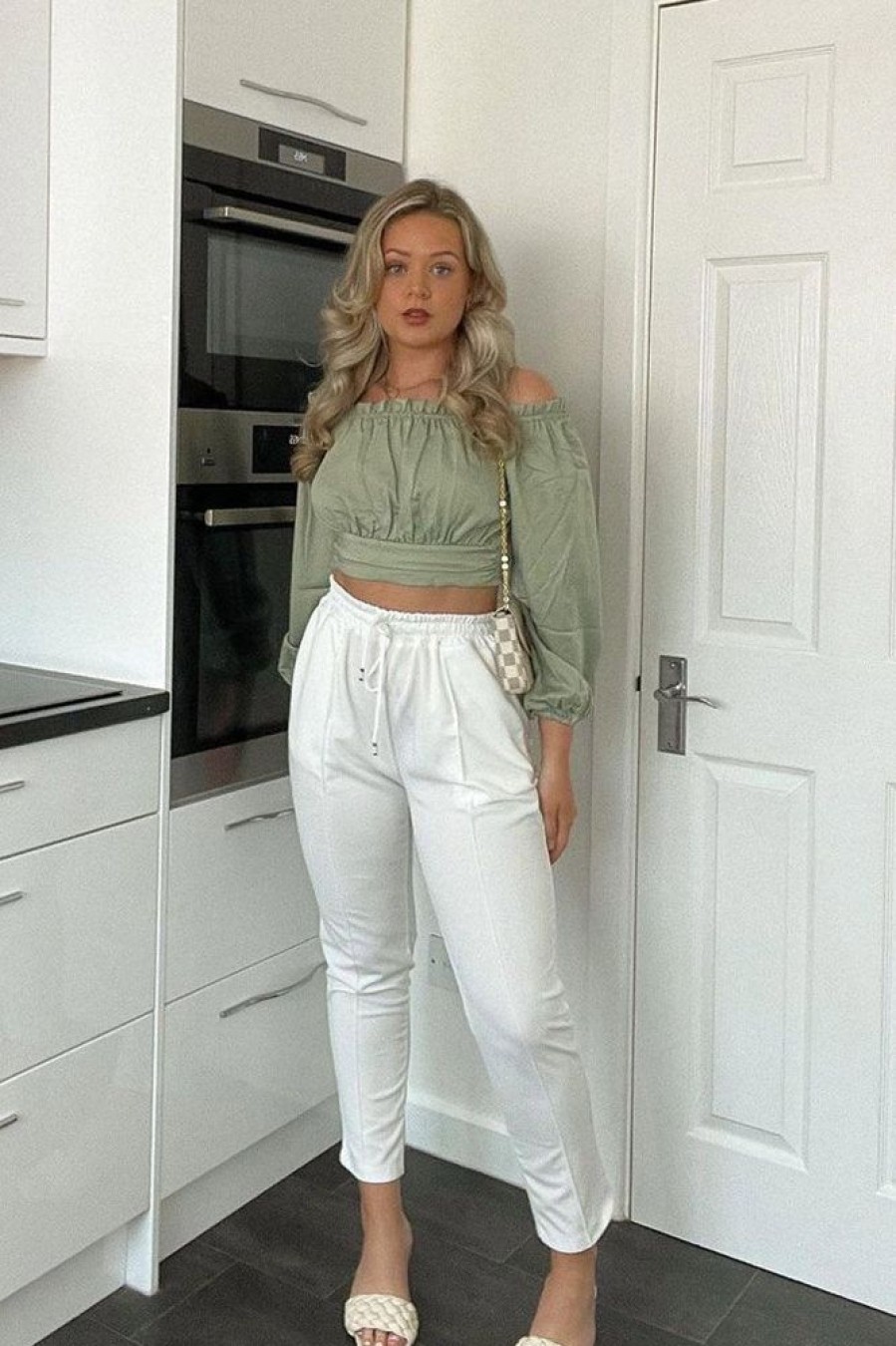 Clothing Rebellious Fashion | Sage Elasticated Bardot Crop Top - Amelia