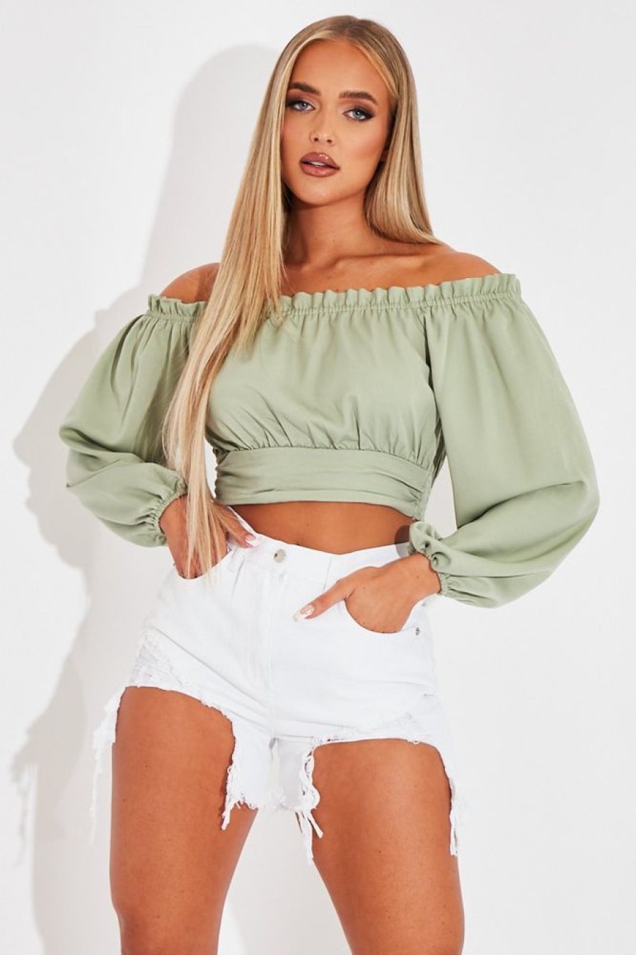 Clothing Rebellious Fashion | Sage Elasticated Bardot Crop Top - Amelia