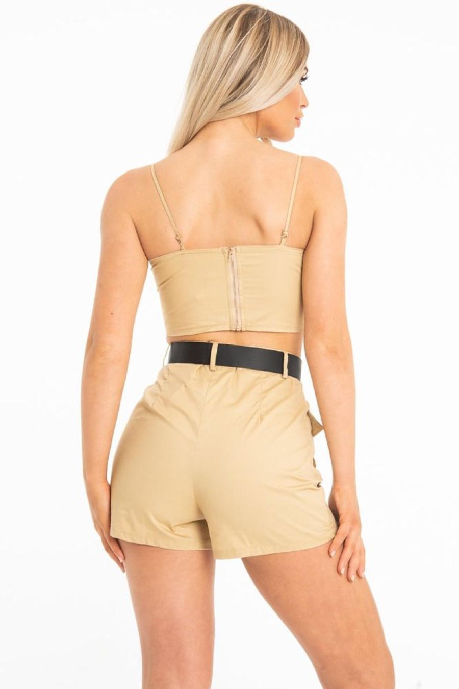 Clothing Rebellious Fashion | Camel Buckle Utility Crop Top And Shorts Co-Ord - Juri