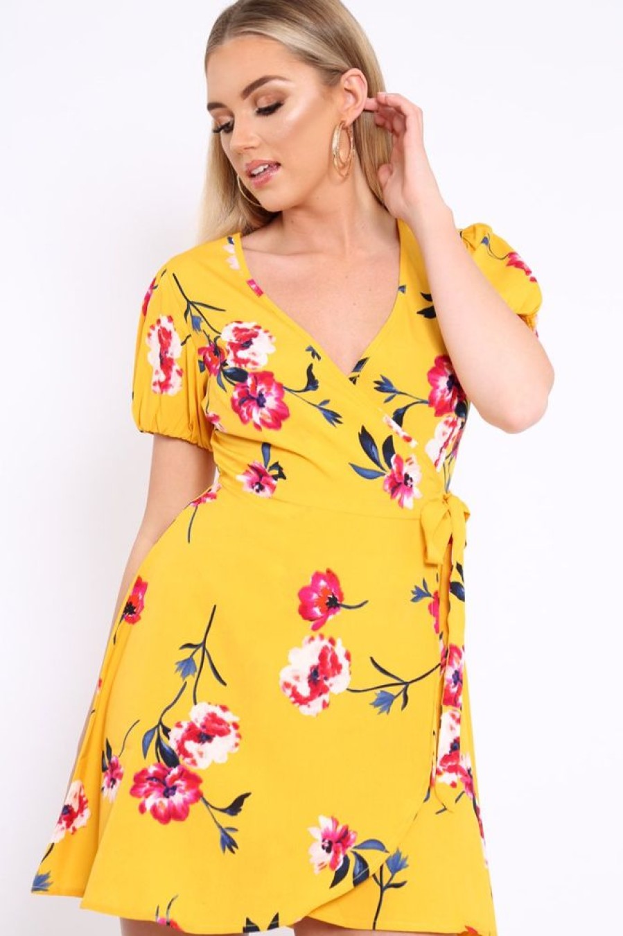 Clothing Rebellious Fashion | Yellow Floral Wrap Dress With Puff Sleeves - Phenix