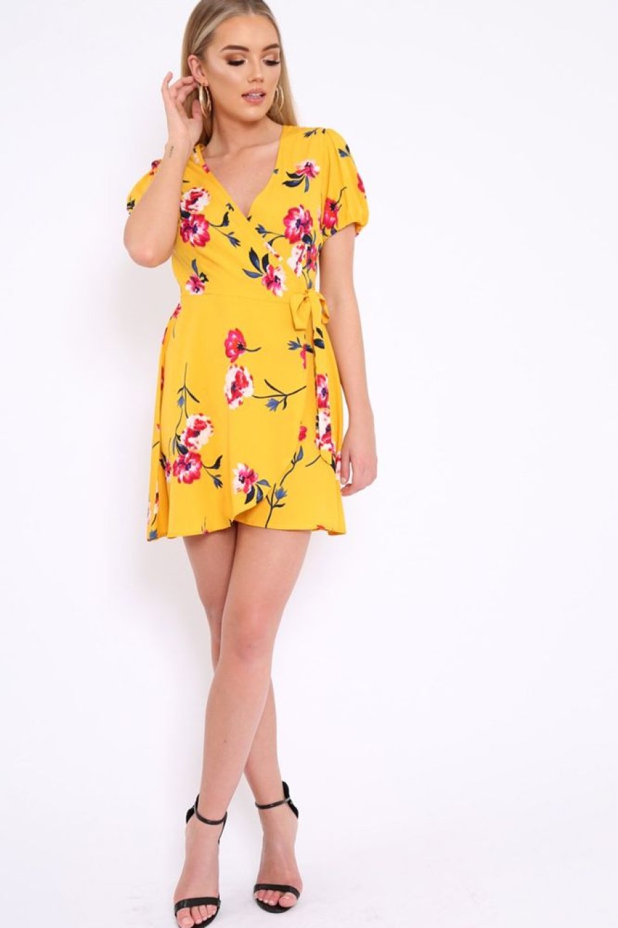 Clothing Rebellious Fashion | Yellow Floral Wrap Dress With Puff Sleeves - Phenix