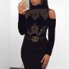 Clothing Rebellious Fashion | Black Velvet And Beaded Cold Shoulder High Neck Bodysuit - Kyndal