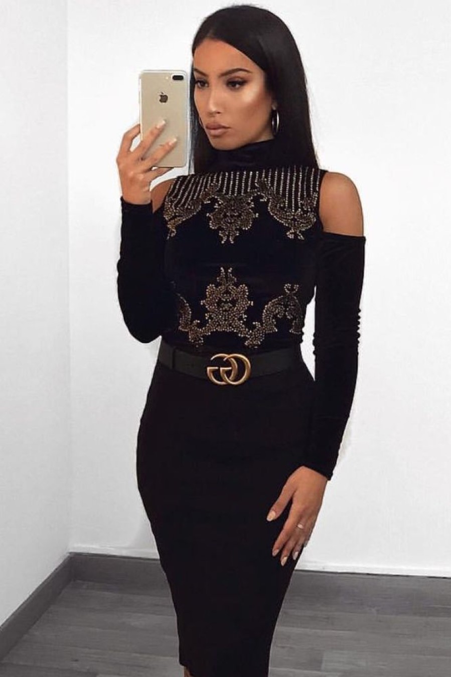 Clothing Rebellious Fashion | Black Velvet And Beaded Cold Shoulder High Neck Bodysuit - Kyndal