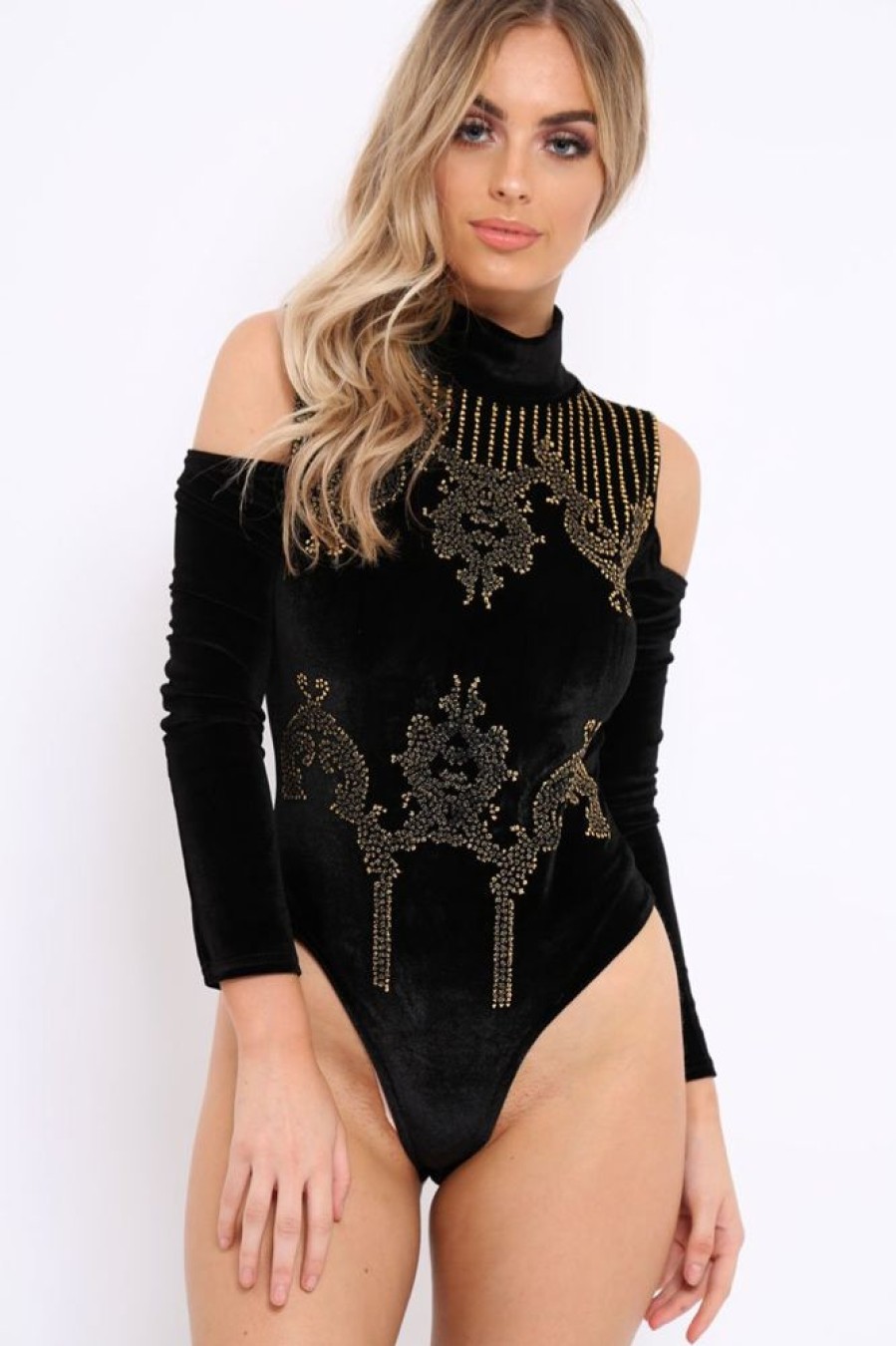 Clothing Rebellious Fashion | Black Velvet And Beaded Cold Shoulder High Neck Bodysuit - Kyndal