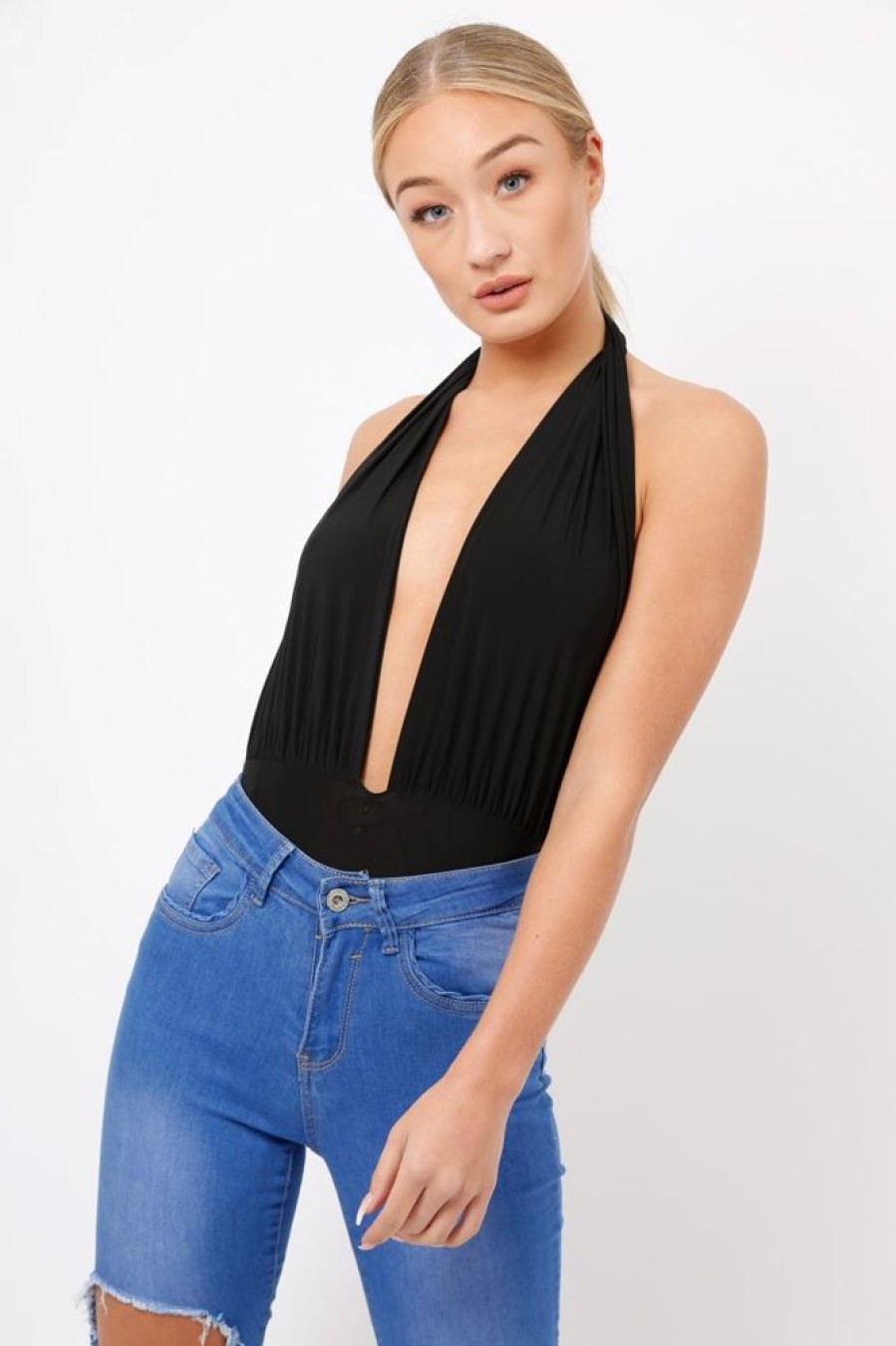 Clothing Rebellious Fashion | Black Plunge Halterneck Bodysuit - Lona