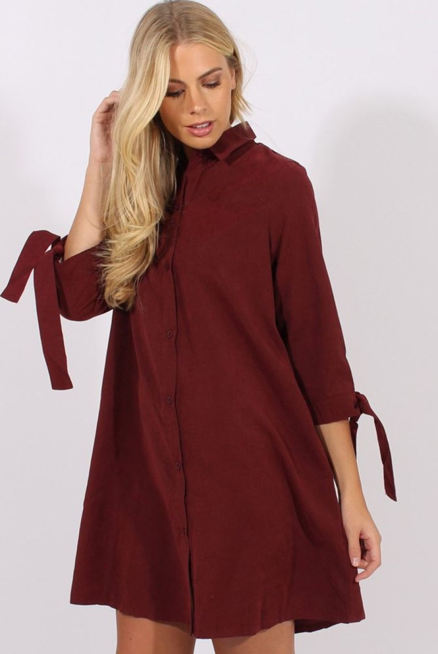 Clothing Rebellious Fashion | Wine Suede Tie Cuff Oversized Shirt Dress - Deborah