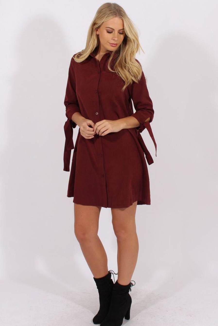 Clothing Rebellious Fashion | Wine Suede Tie Cuff Oversized Shirt Dress - Deborah