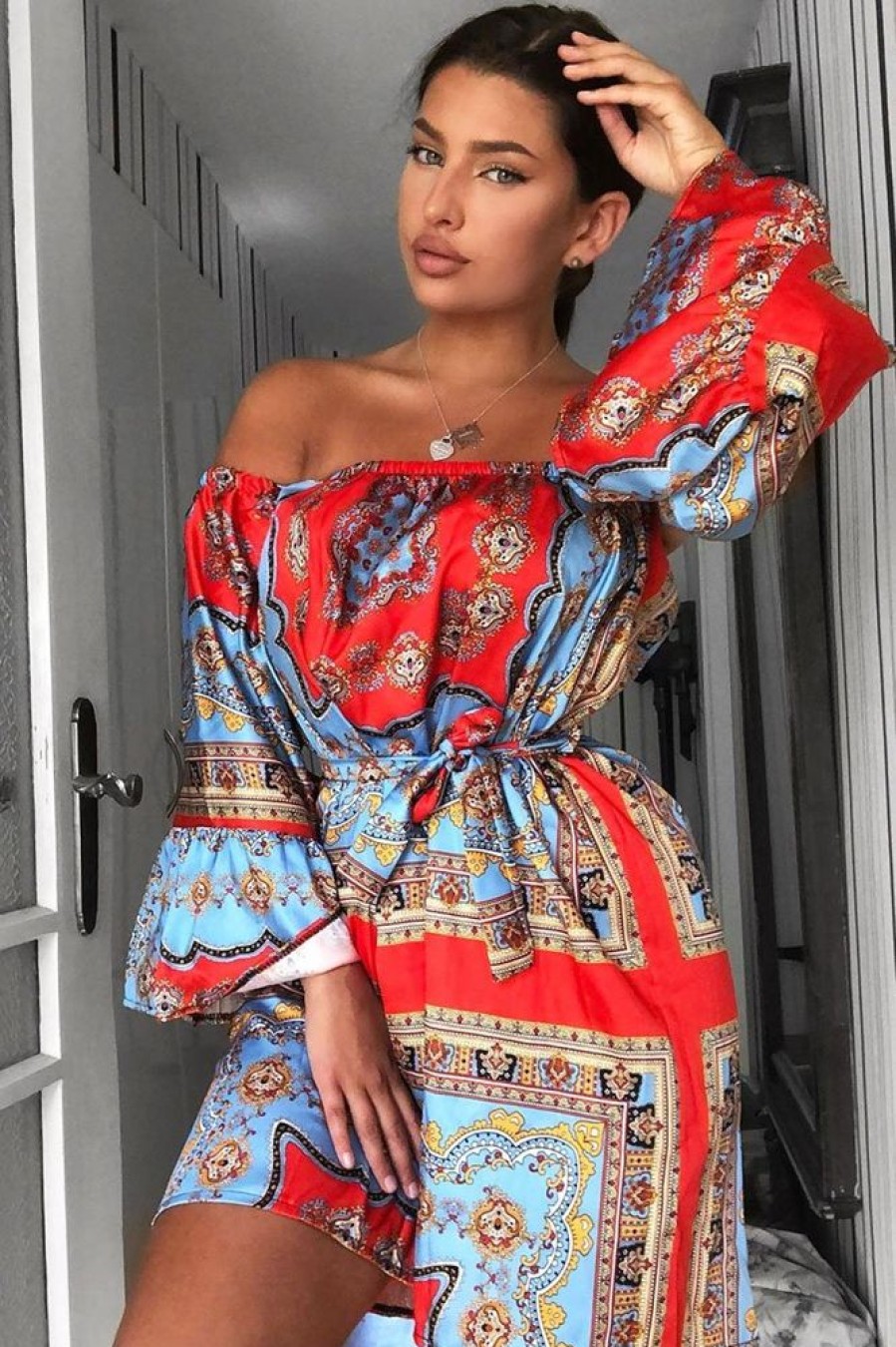 Clothing Rebellious Fashion | Red Blue Bardot Belted Scarf Print Dress - Kessa