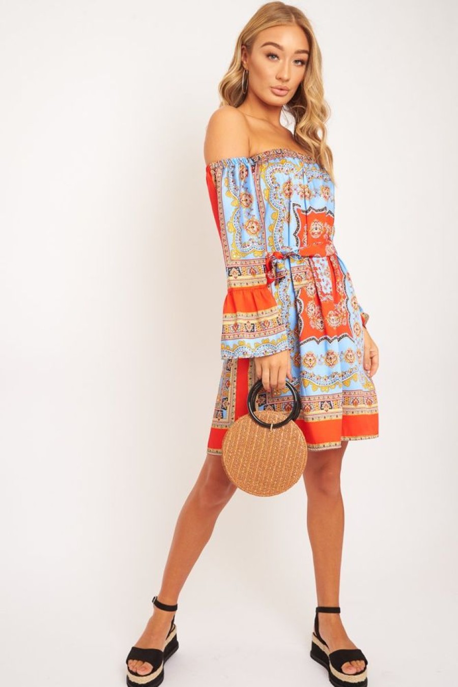 Clothing Rebellious Fashion | Red Blue Bardot Belted Scarf Print Dress - Kessa