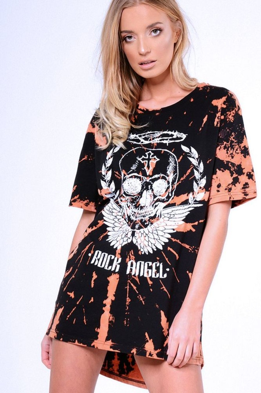 Clothing Rebellious Fashion | Black Acid Wash Tie Dye 'Rock Angel' T-Shirt Dress - Thea