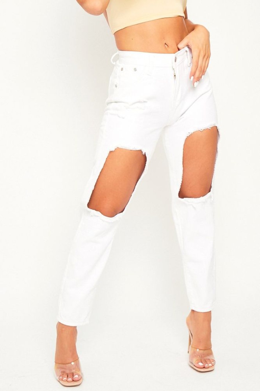 Clothing Rebellious Fashion | White Thigh Rip Mom Jeans - Ellisen