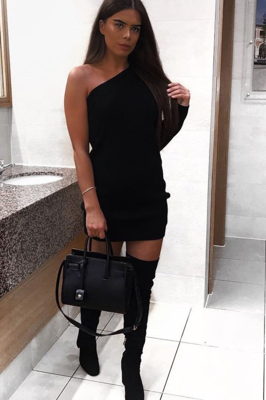 Clothing Rebellious Fashion | Black One Shoulder Jumper Dress - Liseth