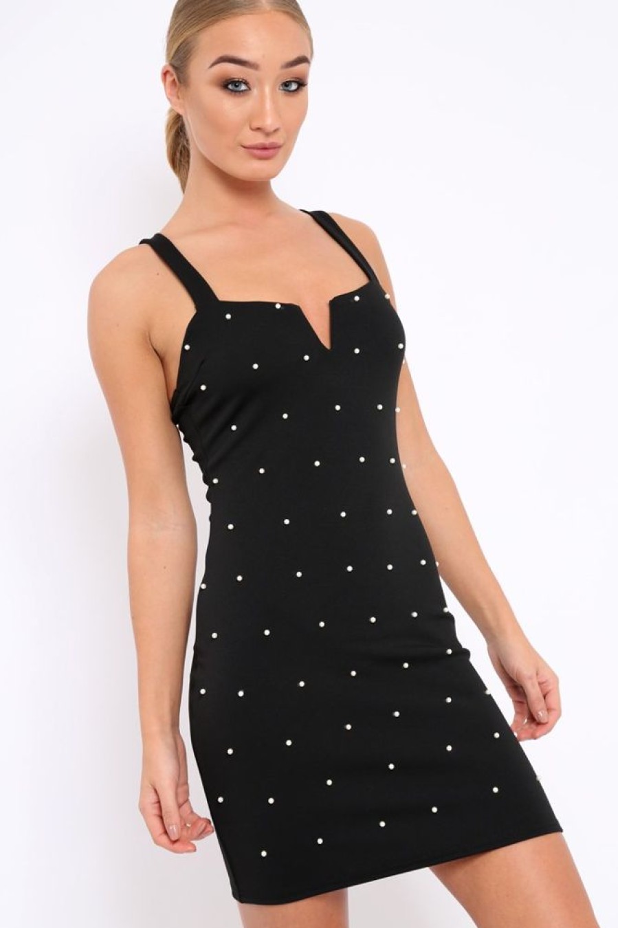 Clothing Rebellious Fashion | Black V Cut Pearl Bodycon Mini Dress - Sherrie