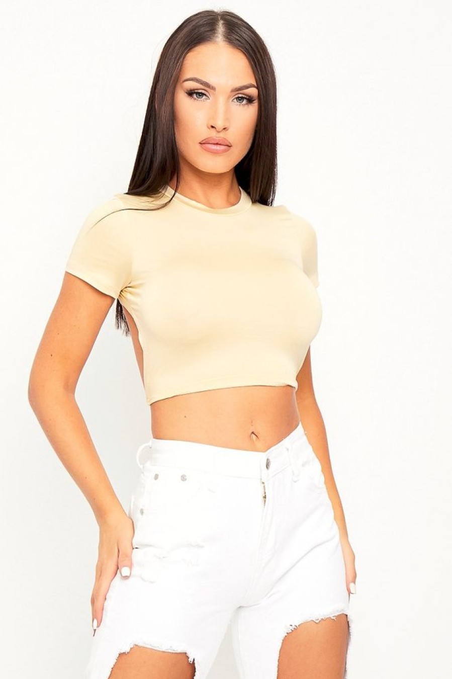 Clothing Rebellious Fashion | Beige Slinky Open Back Crop Top - Ivona