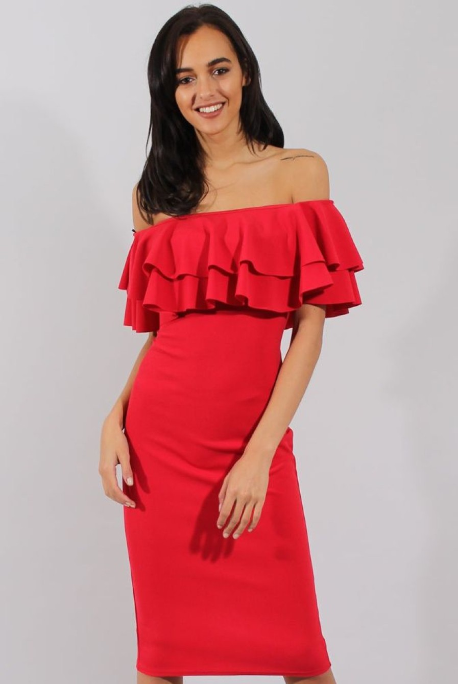 Clothing Rebellious Fashion | Red Bardot Frill Dress - Serena