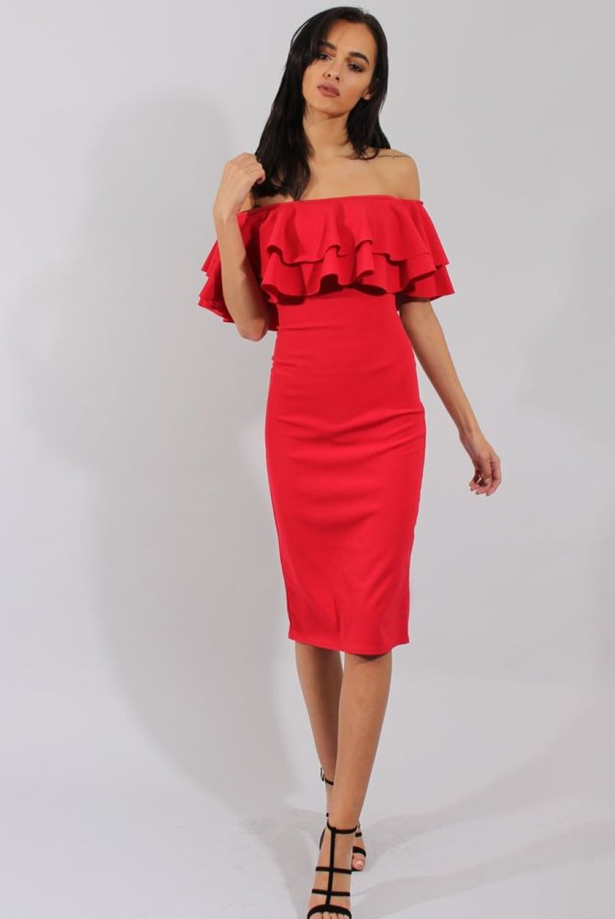 Clothing Rebellious Fashion | Red Bardot Frill Dress - Serena