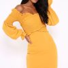 Clothing Rebellious Fashion | Mustard Shirred Wrap Over Bardot Mini Dress - Natasha