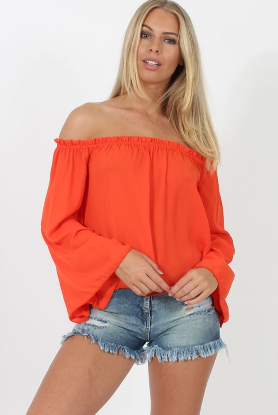 Clothing Rebellious Fashion | Orange Bardot Three Quarter Bell Sleeve Crop- Chantelle