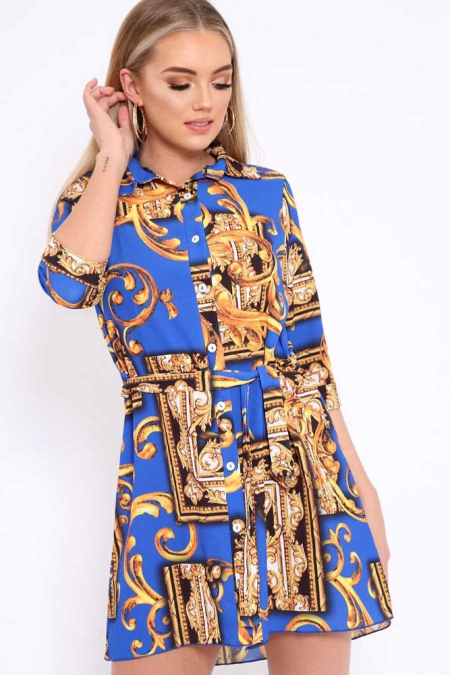 Clothing Rebellious Fashion | Blue Scarf Print Shirt Dress - Kyah