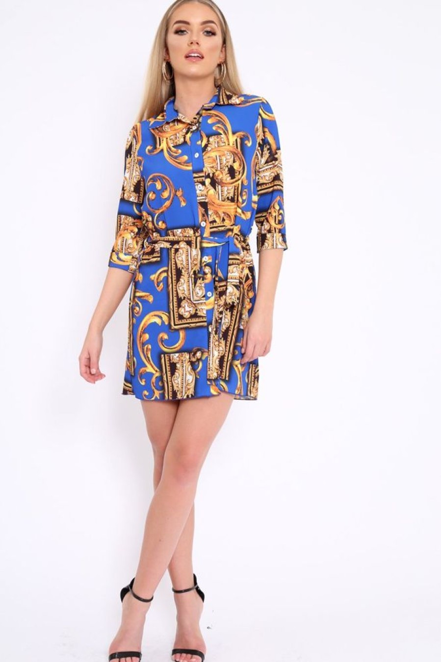 Clothing Rebellious Fashion | Blue Scarf Print Shirt Dress - Kyah