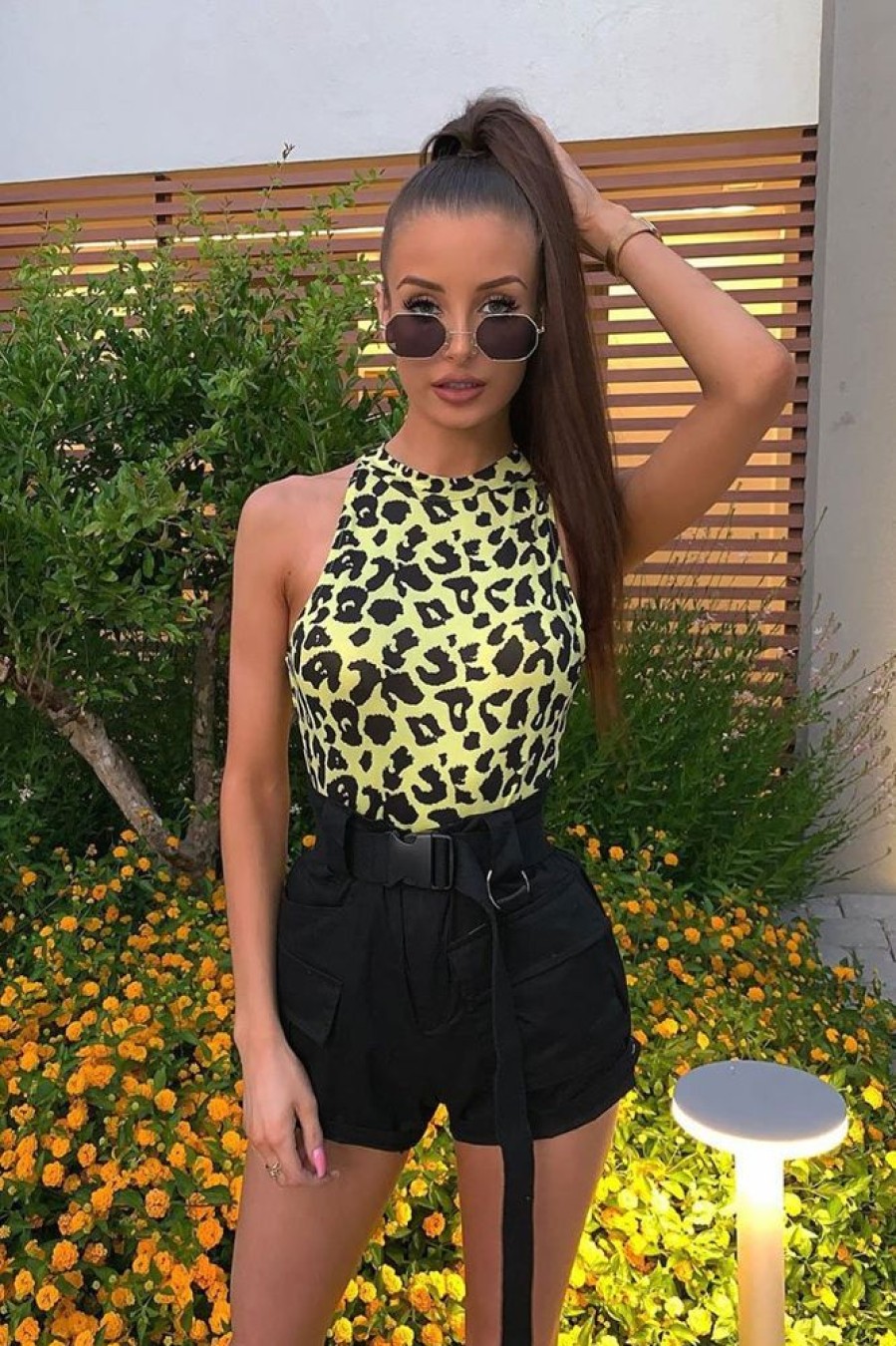 Clothing Rebellious Fashion | Yellow Leopard Print Halter Neck Sleeveless Bodysuit - Aarika