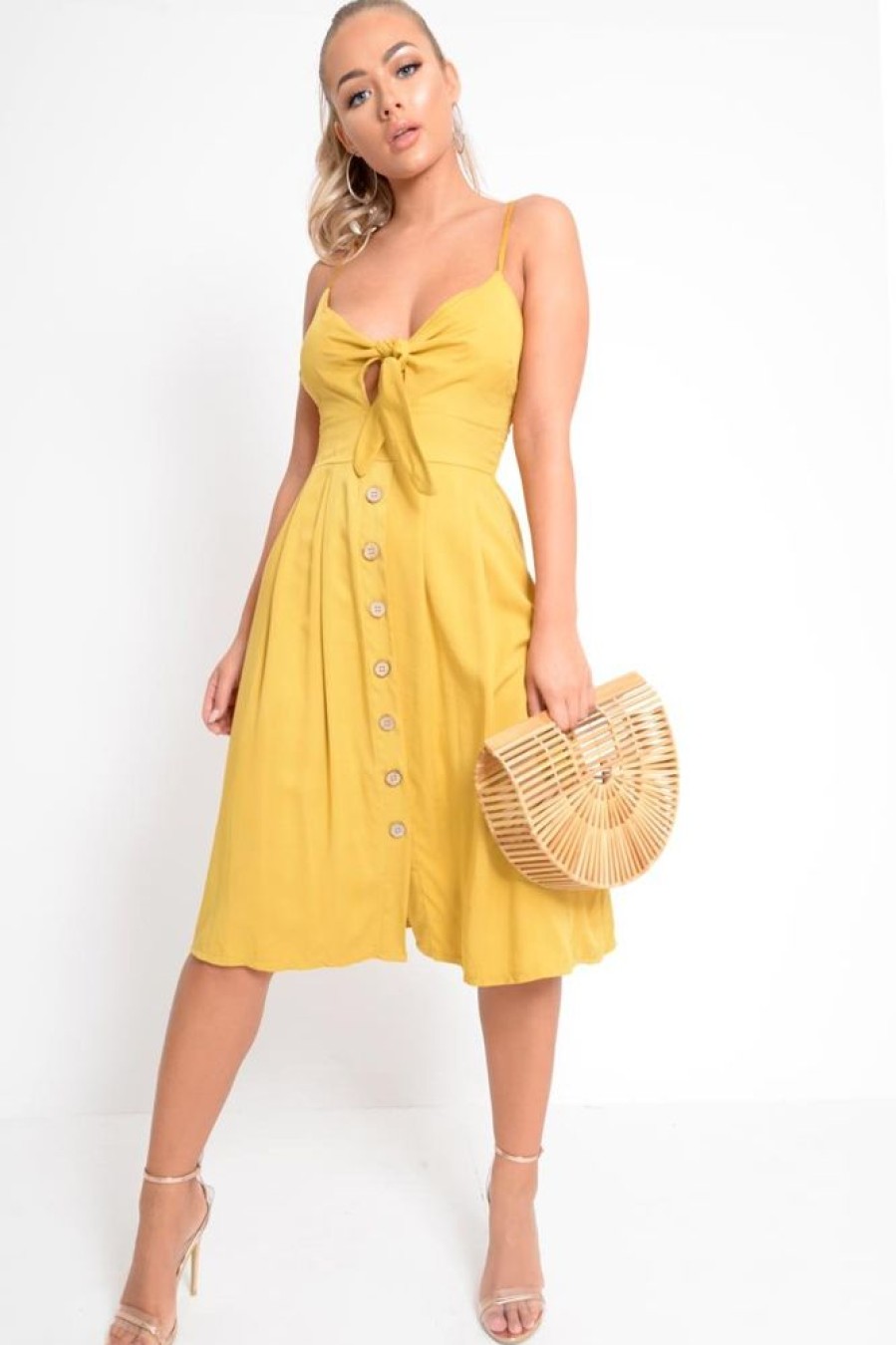 Clothing Rebellious Fashion | Mustard Tie Front Midi Dress - Onida